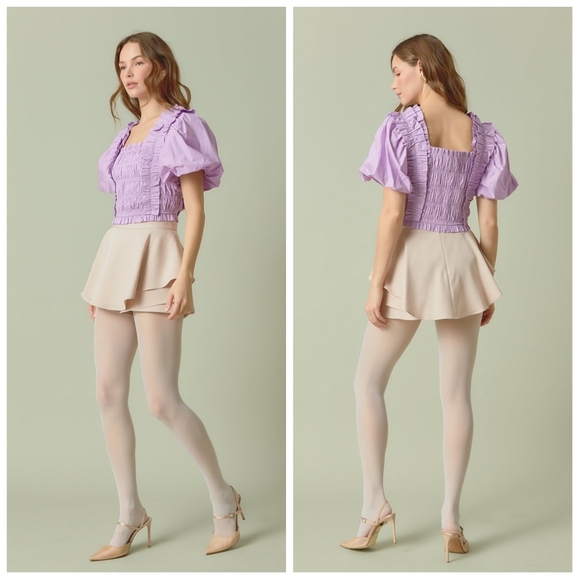 NWT Endless Rose Smocked Puff Sleeve Top Purple Lilac Medium - Picture 3 of 10